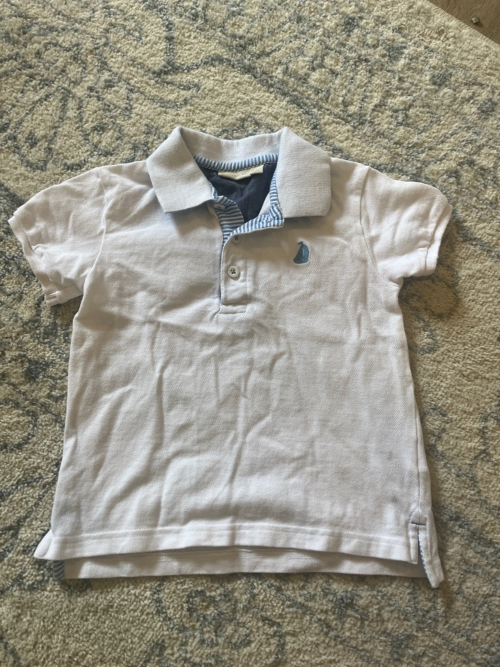 Kids Polo Shirt in White with Blue Striped Trim
